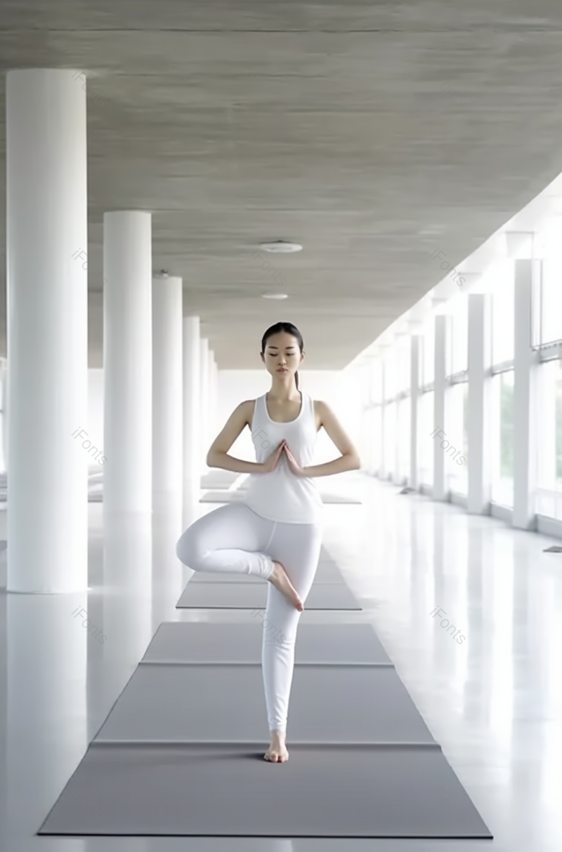 白色做瑜伽的青年女性简约摄影图,高清,摄影图,摄影图片,图片大全,摄影图免费下载